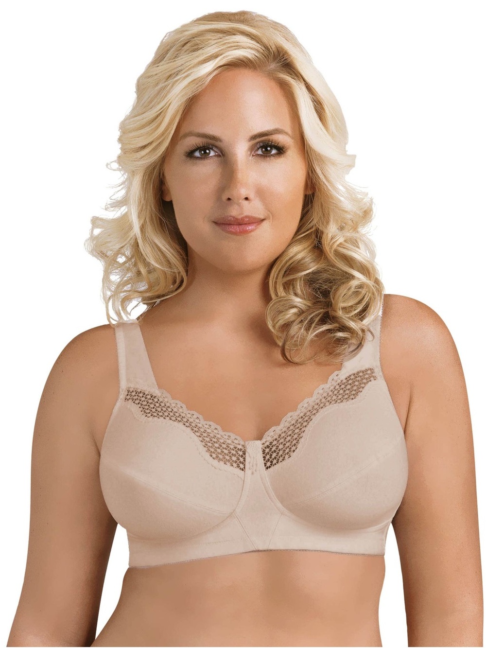 Exquisite Form Wireless Bra Women’s Size 46C Beige Lace Trim Unlined